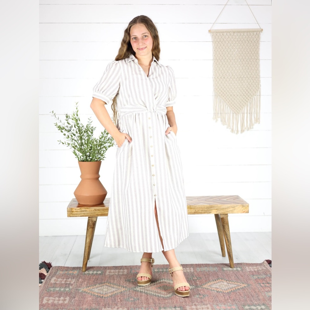 *Button-Front Striped Midi Dress in Cream - Apostolic, Modest, Date night